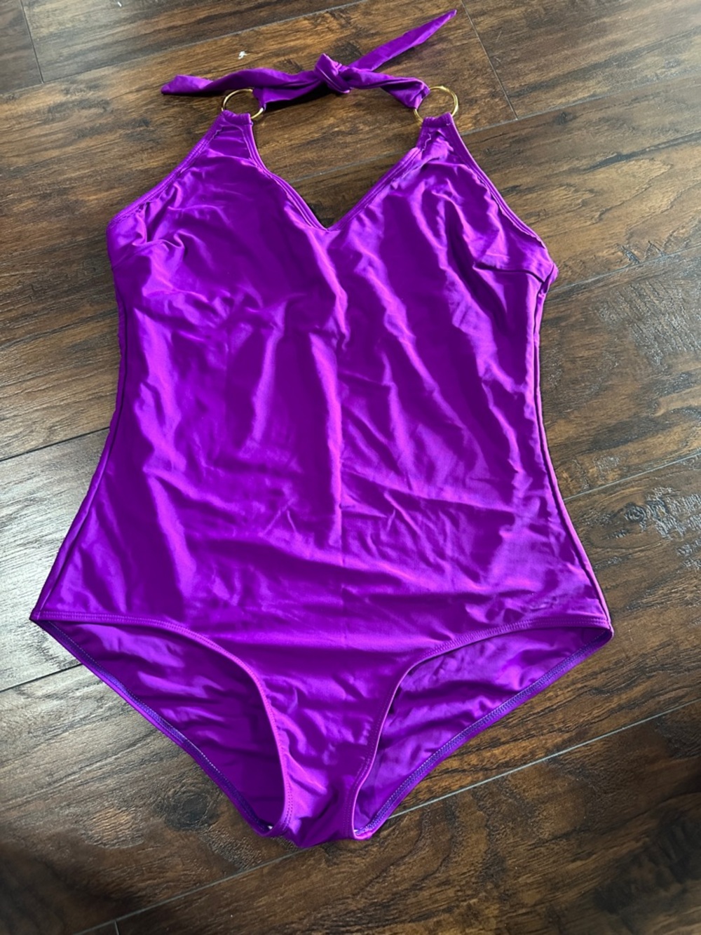 NWOT Vibrant Purple One-Piece Swimsuit with Halter Rings Jagged Edge ruffles